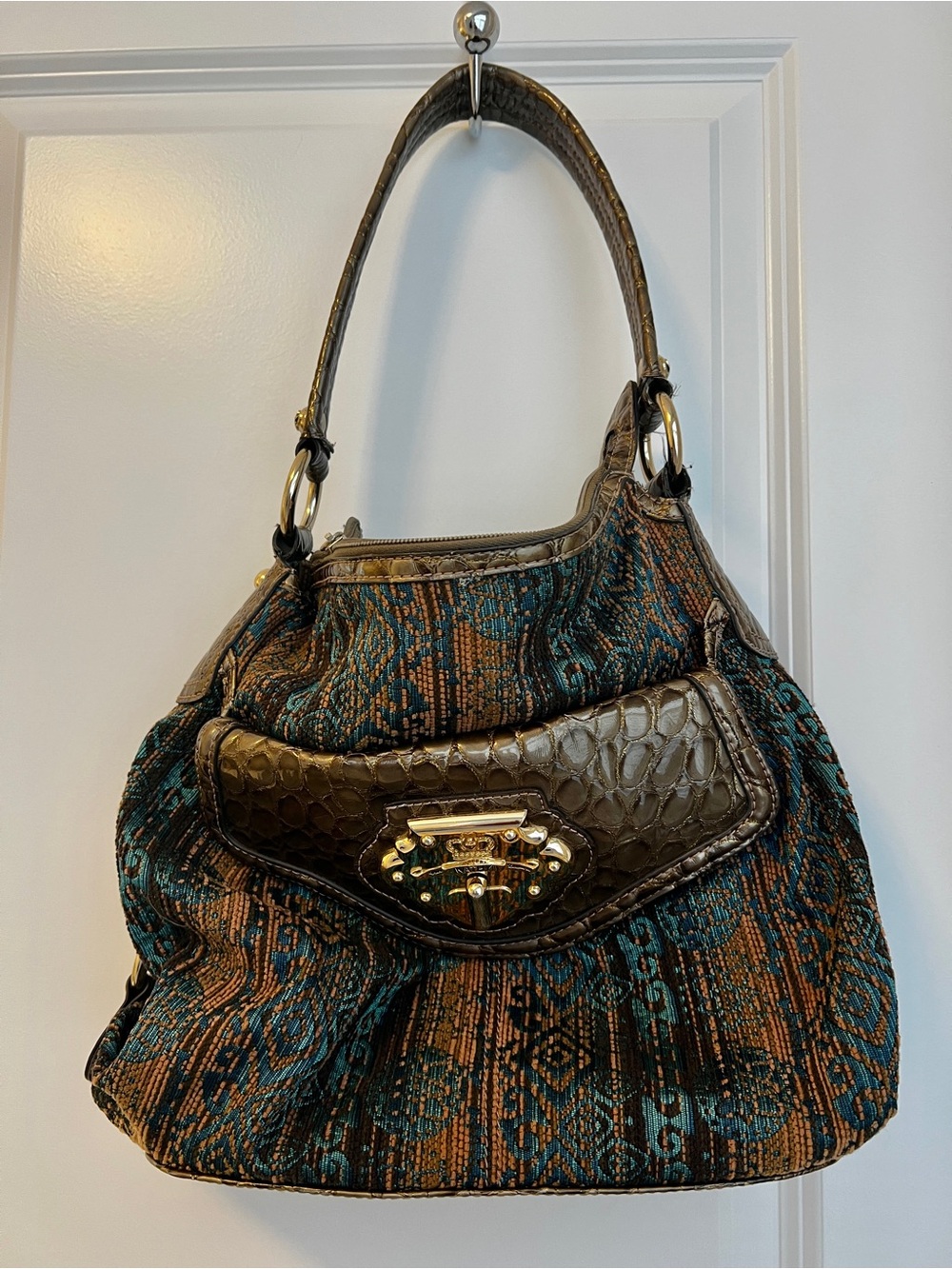 Kathy Van Zeeland Teal and Brown Patterned Shoulder Bag with Gold Hardware